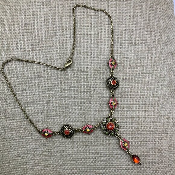 Nina Ricci AVON Vintage Orange Crystal Symmetrical Teardrop Brass Tone Necklace - Picture 3 of 6